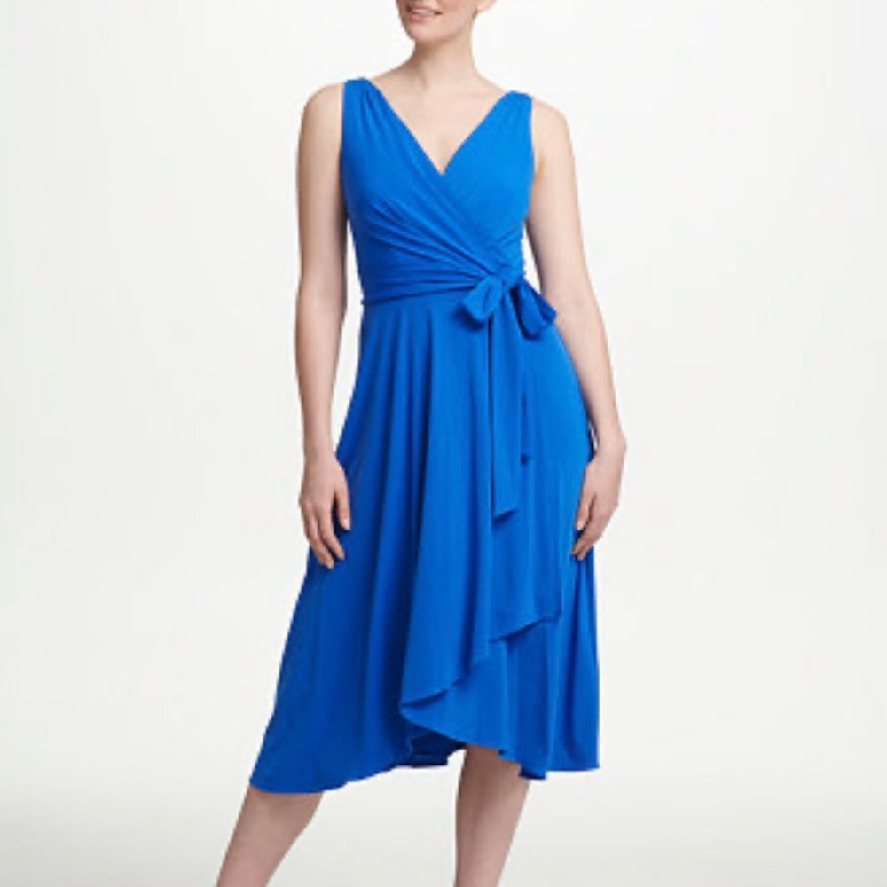 DKNY Sleeveless Faux Wrap Midi Dress in vibrant blue, size 4.